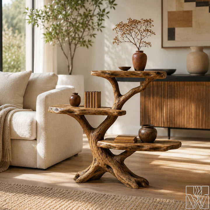 Rustic Wood Tree Console Table 3 Tier Display Shelf