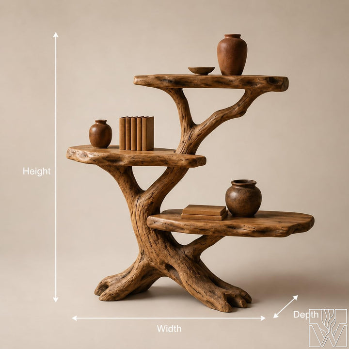Rustic Wood Tree Console Table 3 Tier Display Shelf