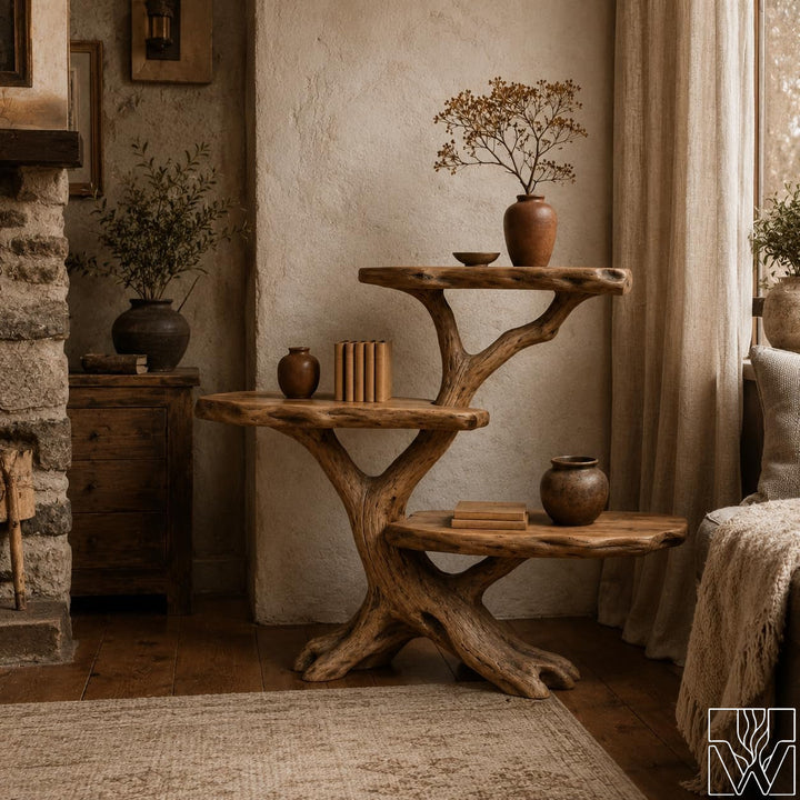 Rustic Wood Tree Console Table 3 Tier Display Shelf