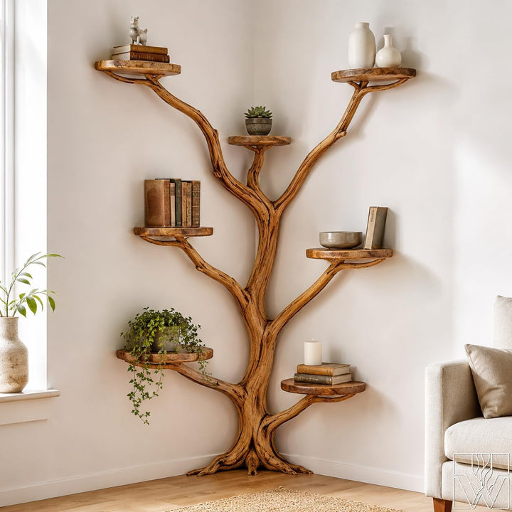 Handcrafted Tree Branch Wall Bookshelf for Living Room