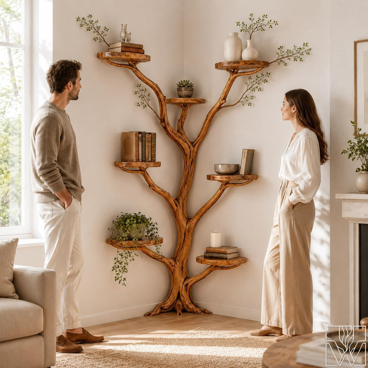 Handcrafted Tree Branch Wall Bookshelf for Living Room