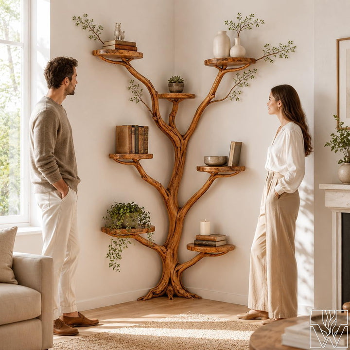 Handcrafted Tree Branch Wall Bookshelf for Living Room