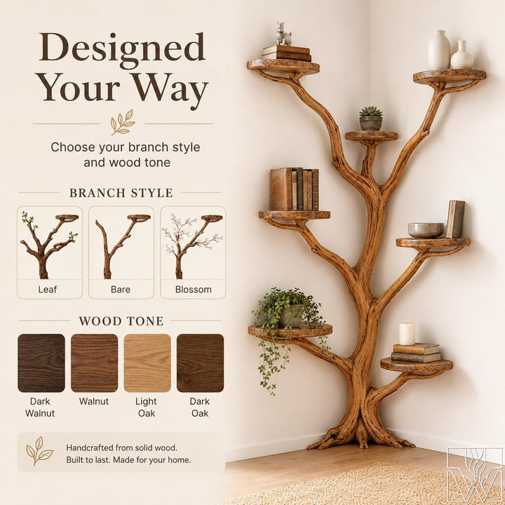 Handcrafted Tree Branch Wall Bookshelf for Living Room