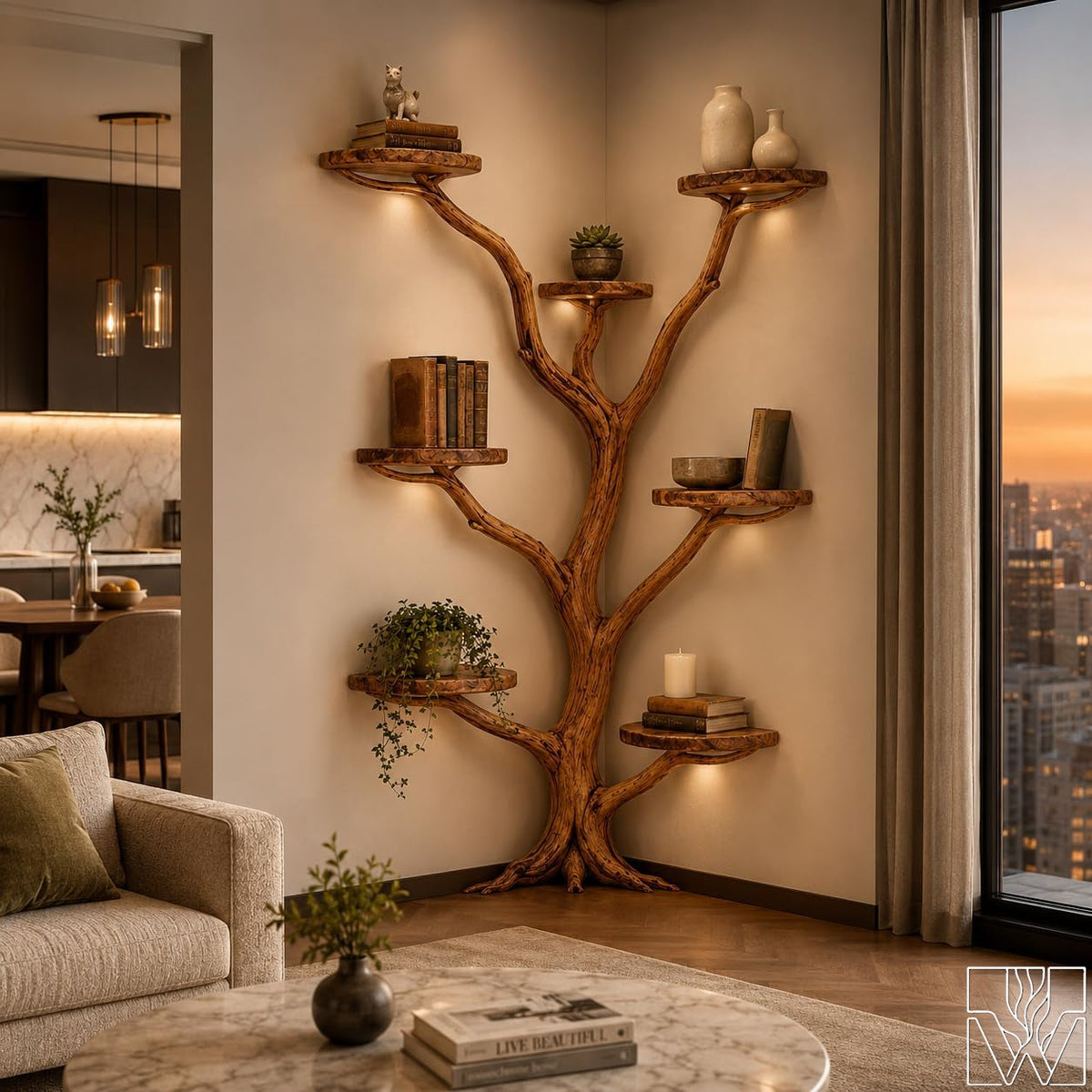 Handcrafted Tree Branch Wall Bookshelf for Living Room