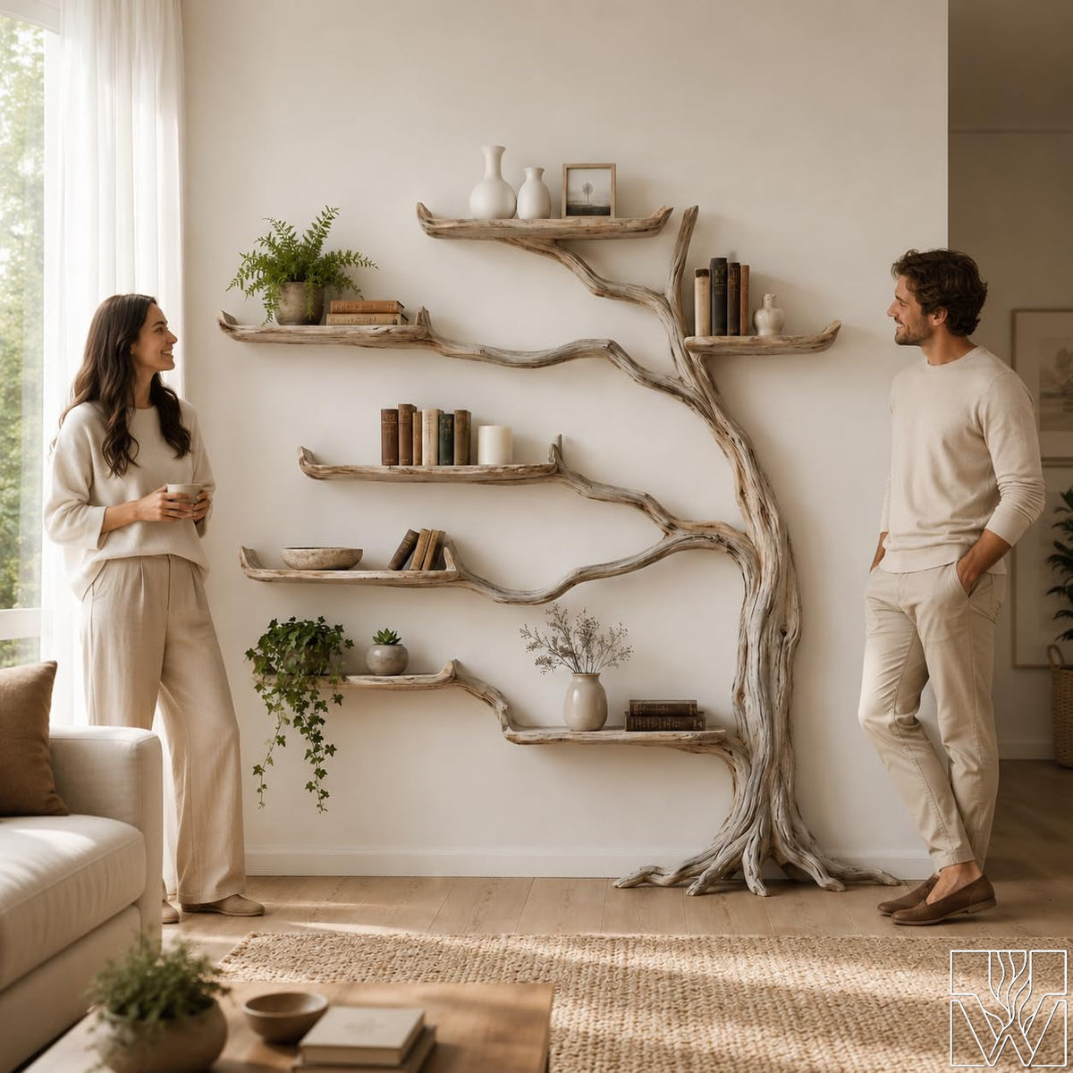 Tree Bookshelf with Branch Shelves, Wooden Standing Bookcase for Living Room, Entryway, Bedroom & Boho Rustic Home Decor - image 1