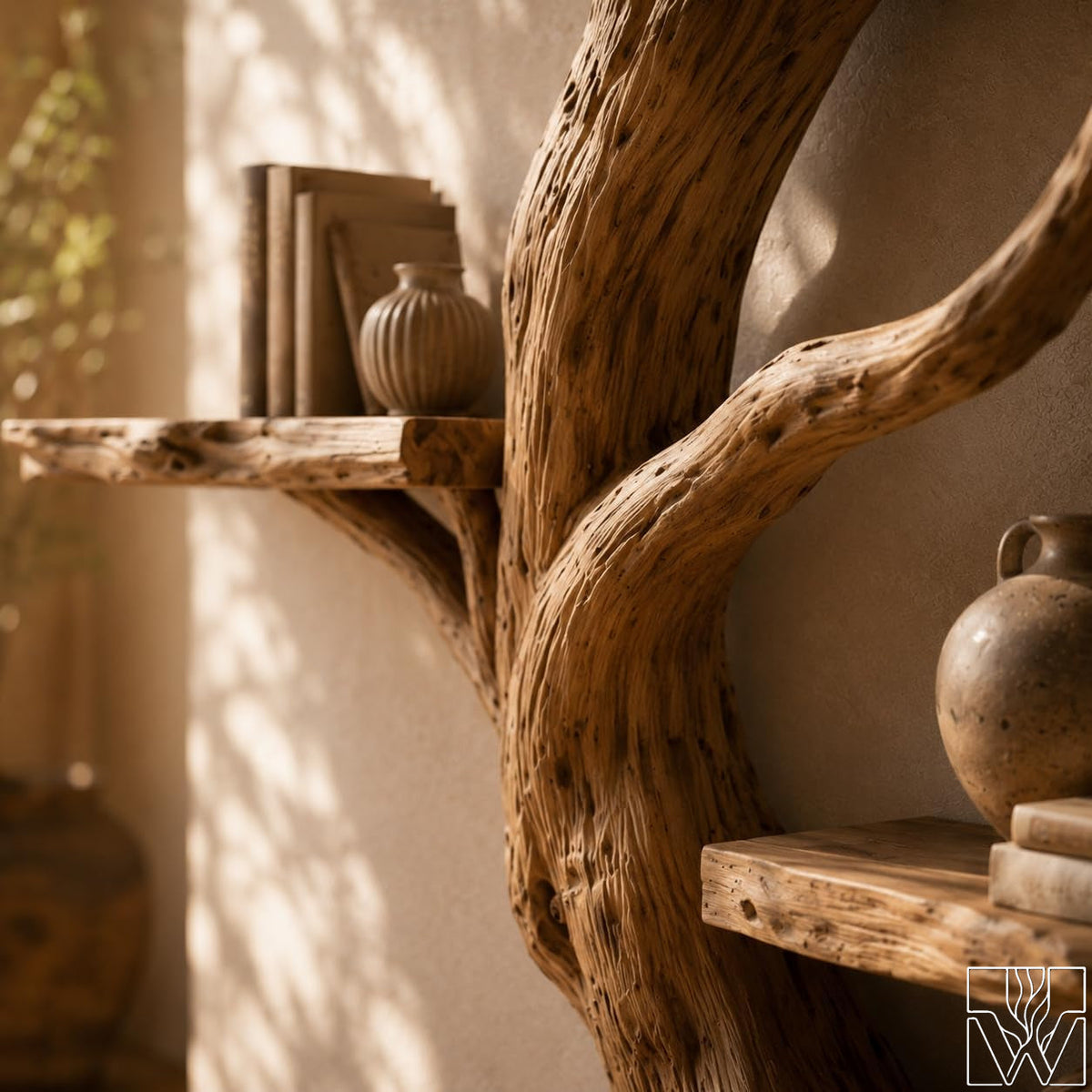 Rustic Wooden Tree Bookshelf with Branch Shelves for Home