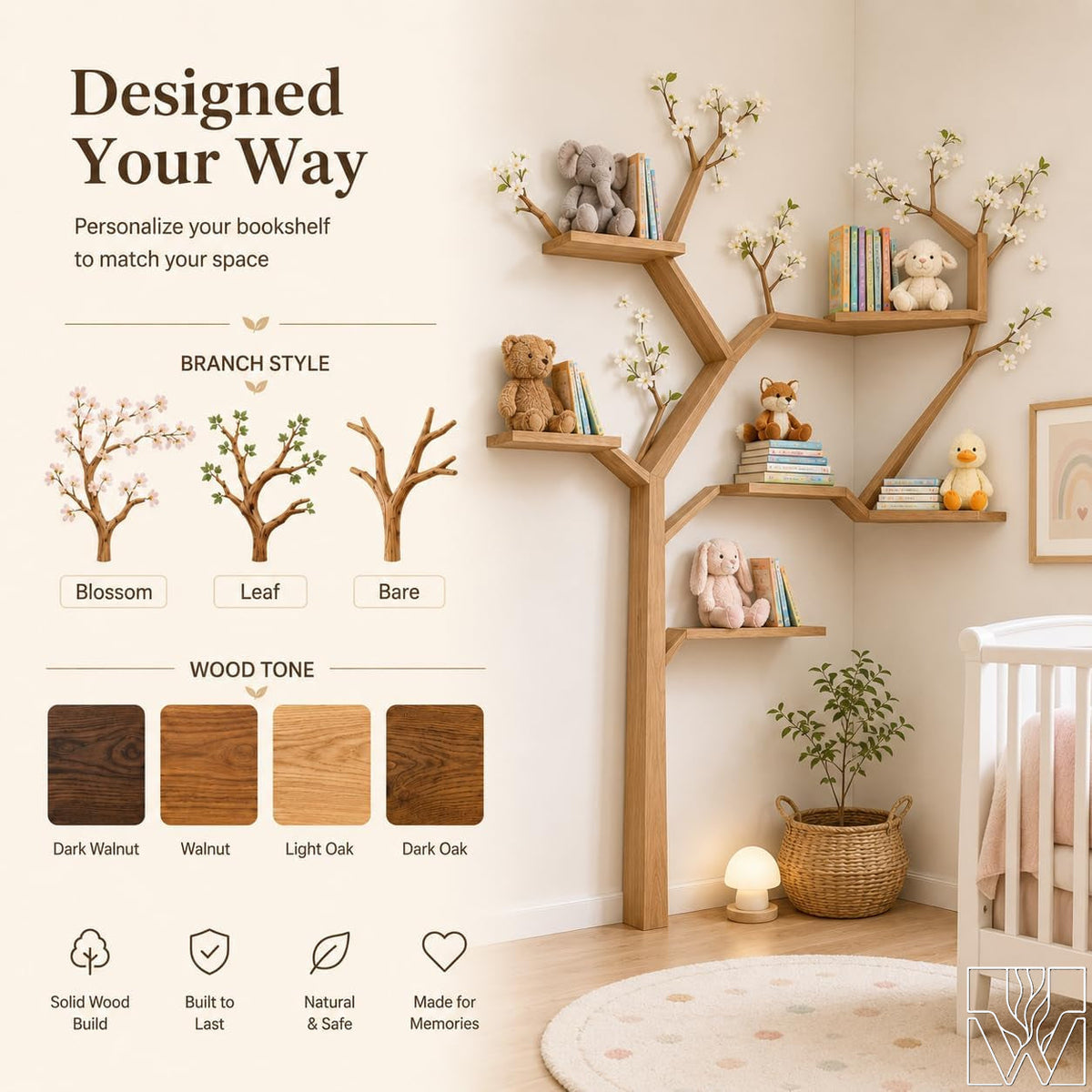 Tree Bookshelf with Branch Shelves, Wooden Standing Bookcase for Living Room, Entryway, Bedroom & Boho Rustic Home Decor - image 4