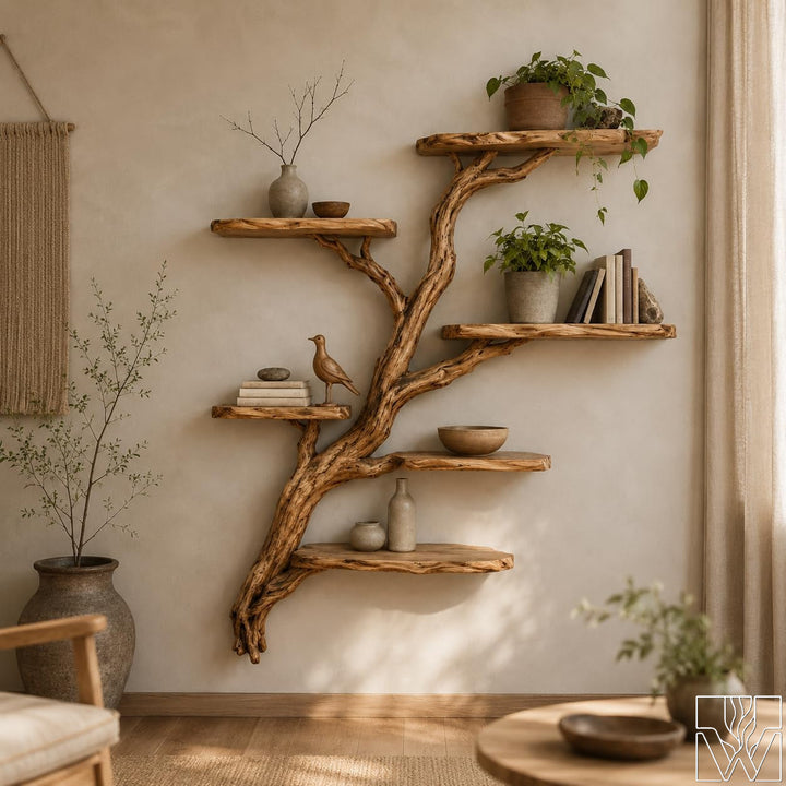 Wooden Tree Branch Wall Mounted Floating Bookshelf