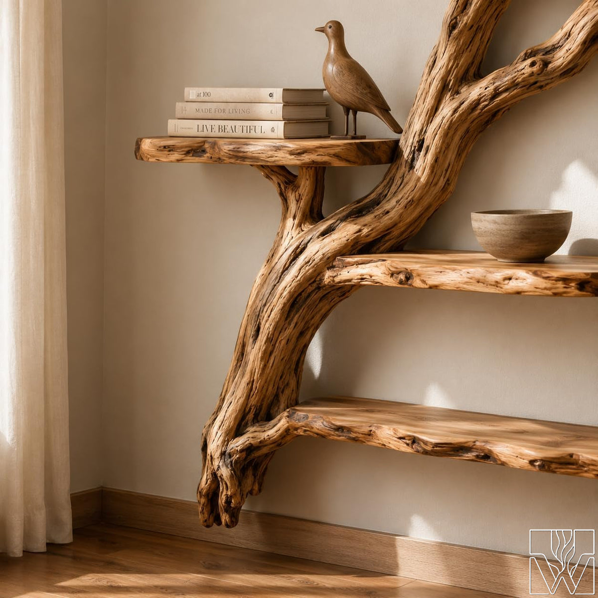 Wooden Tree Branch Wall Mounted Floating Bookshelf