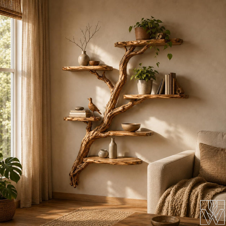 Wooden Tree Branch Wall Mounted Floating Bookshelf