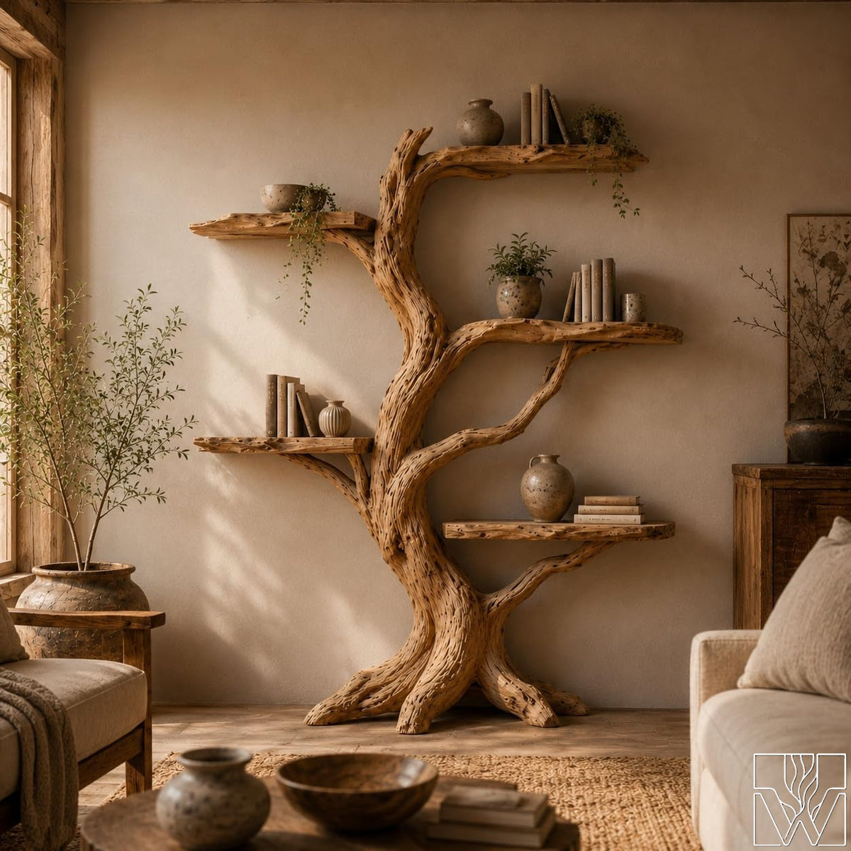 Wooden Tree Branch Standing Bookshelf and Bookcase