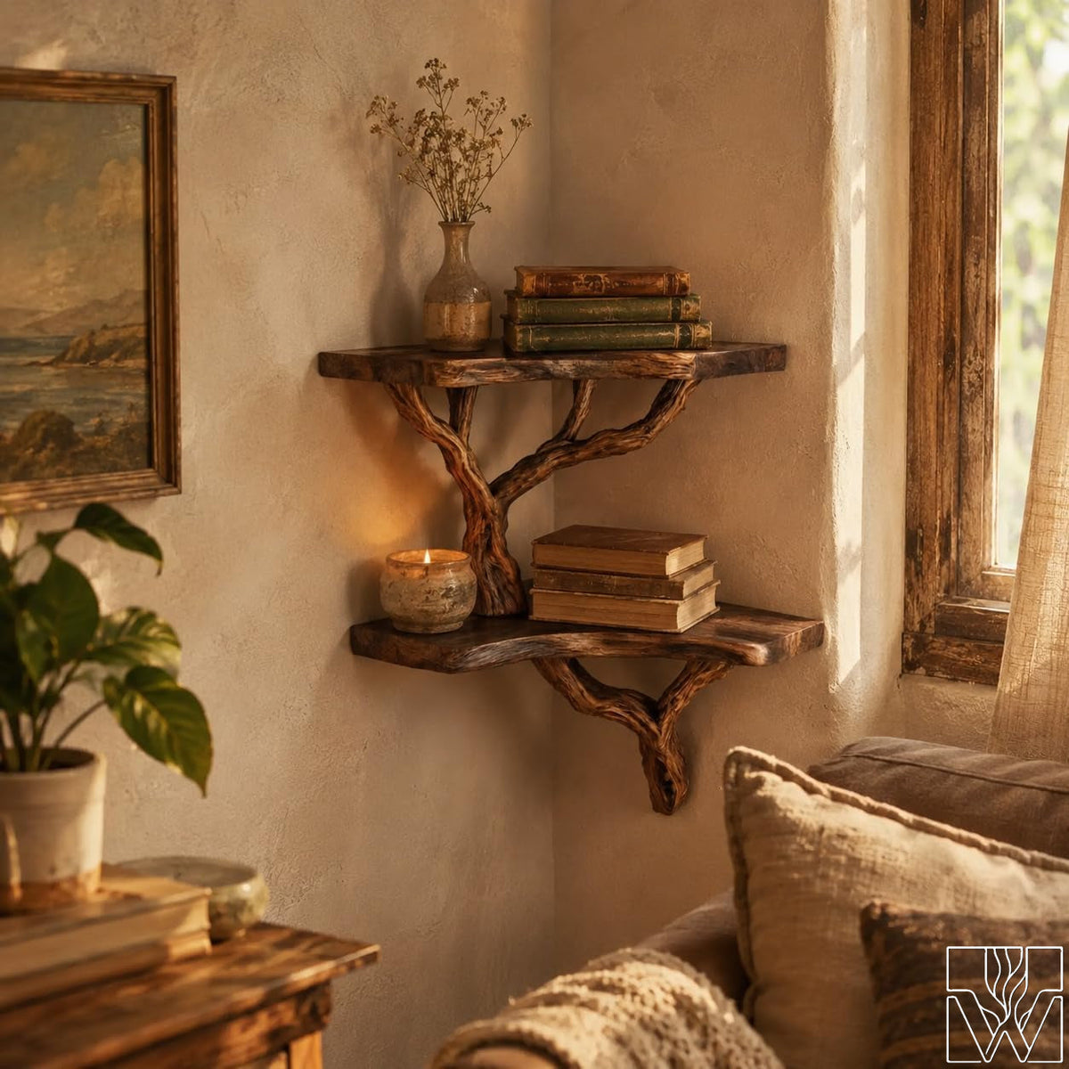 Handcrafted 2-Tier Corner Tree Branch Floating Shelf