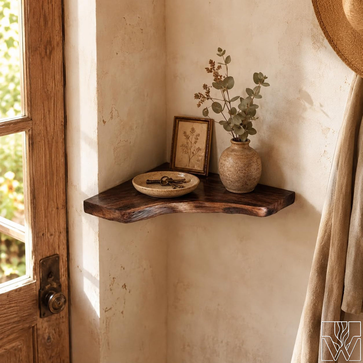 Handcrafted 2-Tier Corner Tree Branch Floating Shelf