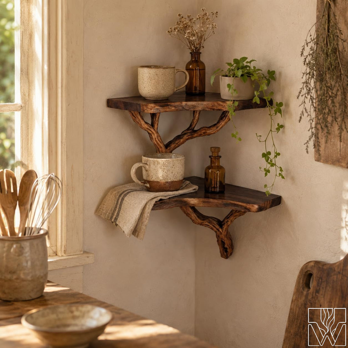 Handcrafted 2-Tier Corner Tree Branch Floating Shelf