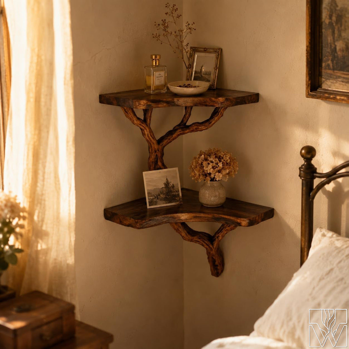 Handcrafted 2-Tier Corner Tree Branch Floating Shelf