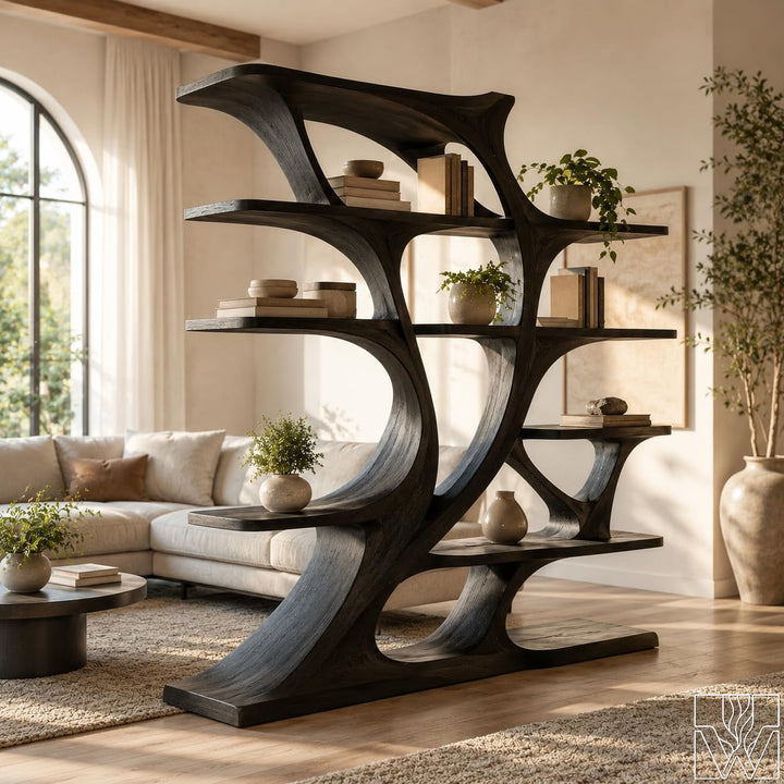 Artistic Solid Wood Curved Bookcase Freestanding Display Shelf