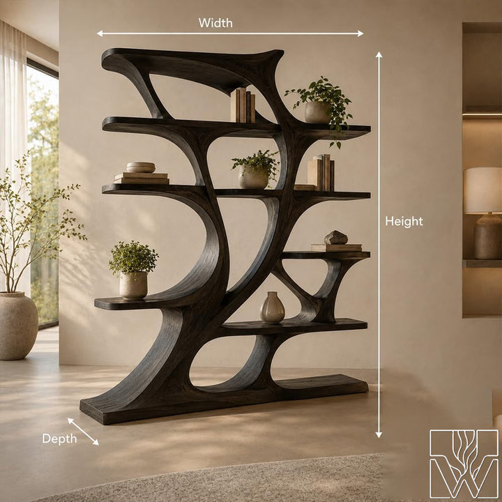 Artistic Solid Wood Curved Bookcase Freestanding Display Shelf
