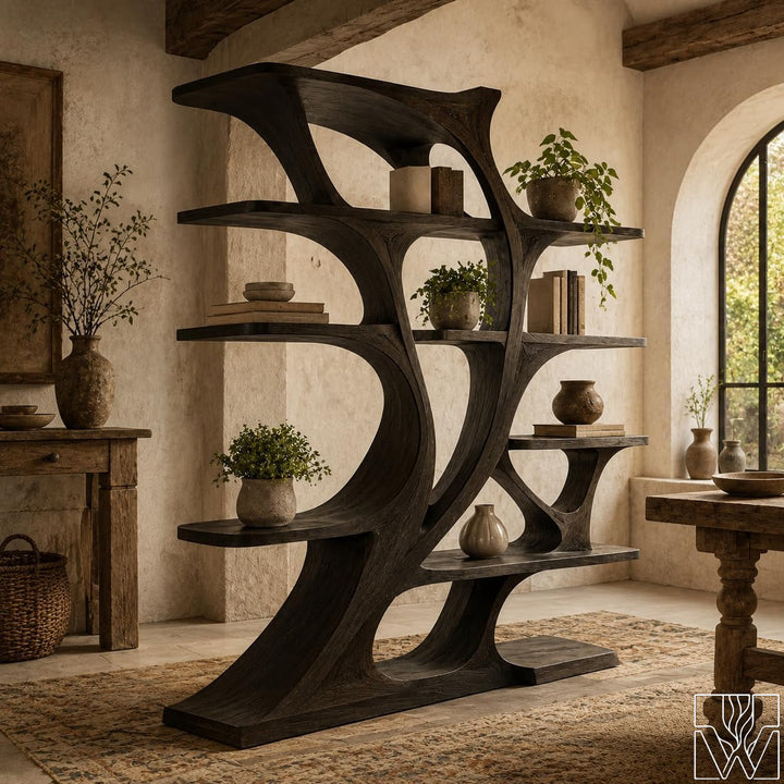 Artistic Solid Wood Curved Bookcase Freestanding Display Shelf
