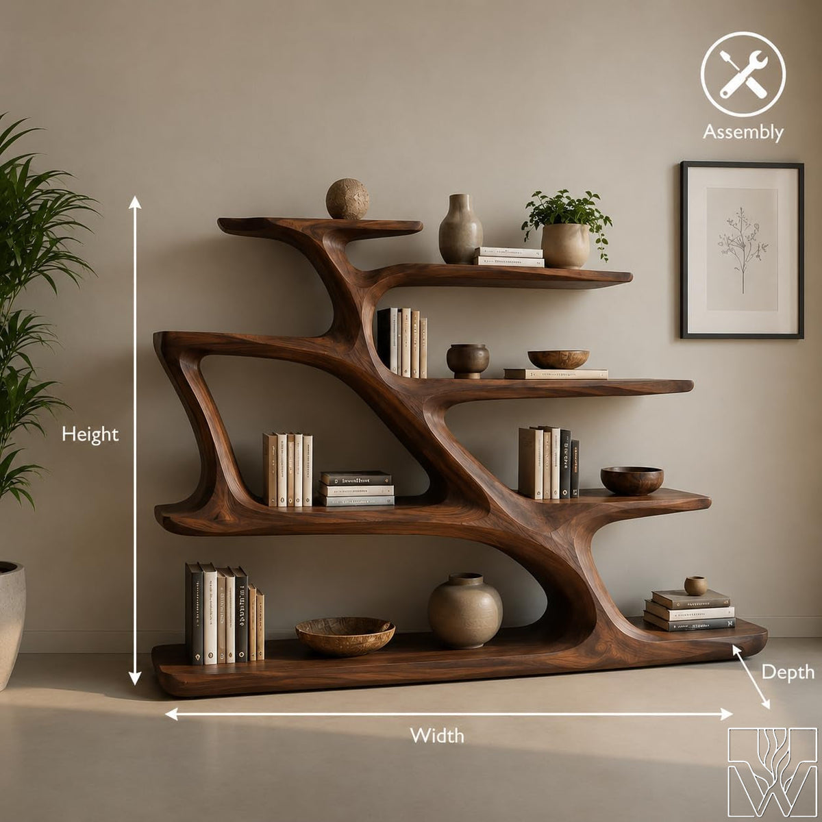 Modern Sculptural Curved Solid Wood Bookcase Display Shelf