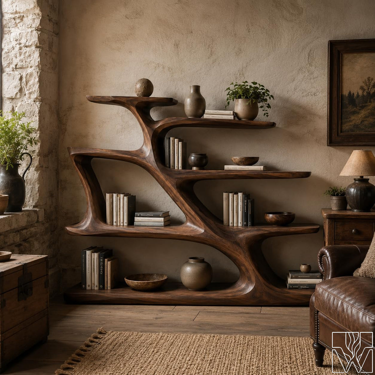Modern Sculptural Curved Solid Wood Bookcase Display Shelf