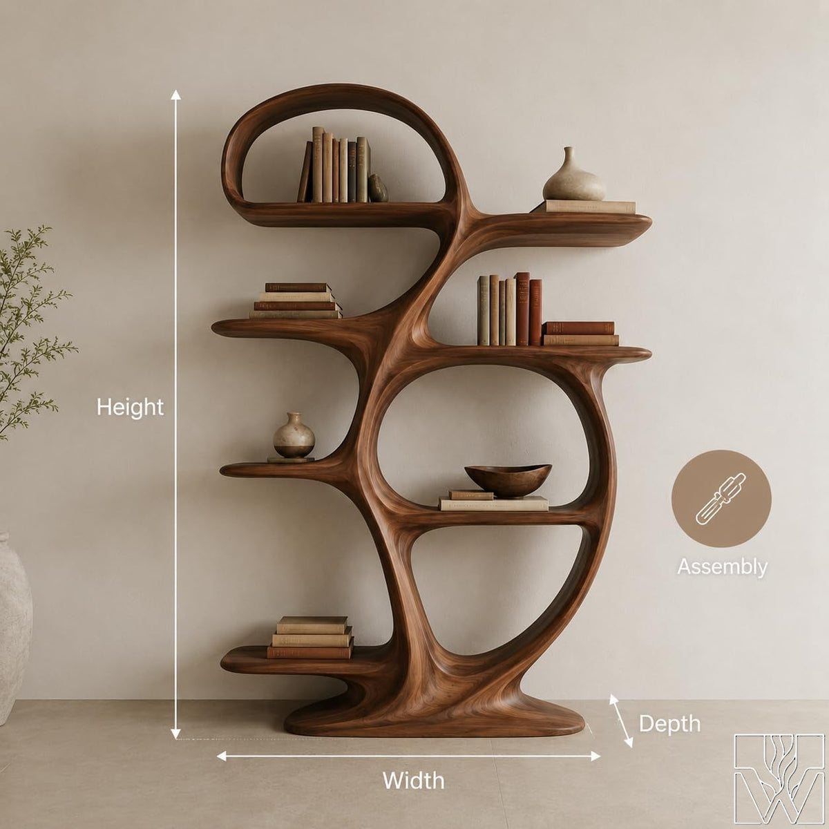 Modern Sculptural Curved Solid Wood Bookshelf Decor