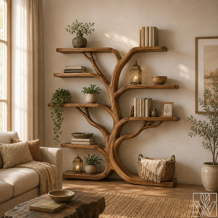 Tree Branch Solid Wood Wall Mounted Bookshelf - Rustic Decor