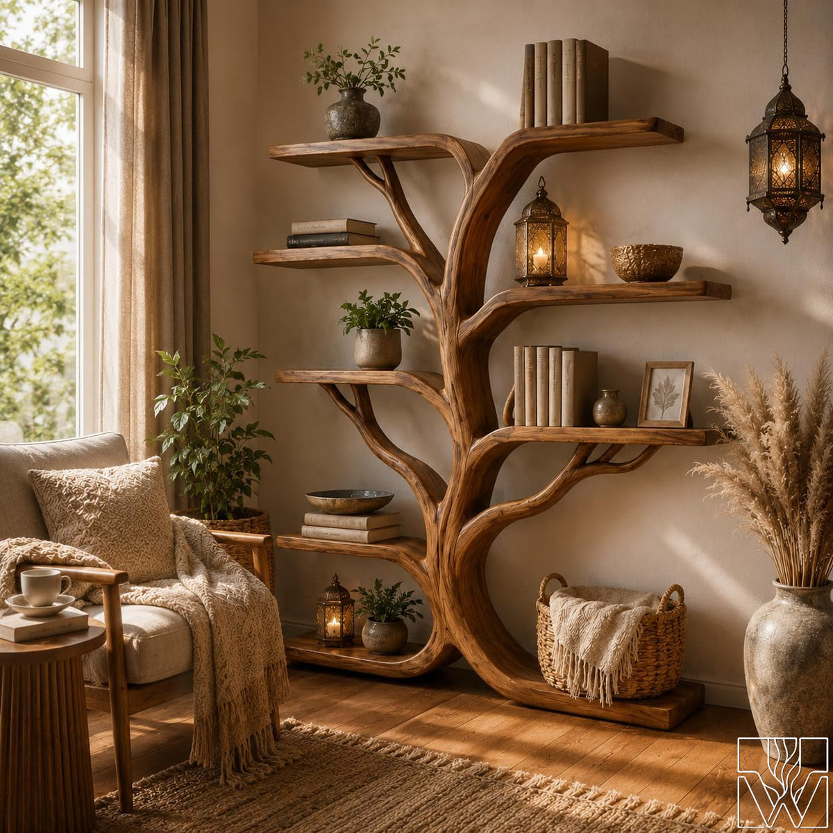 Tree Branch Solid Wood Wall Mounted Bookshelf - Rustic Decor