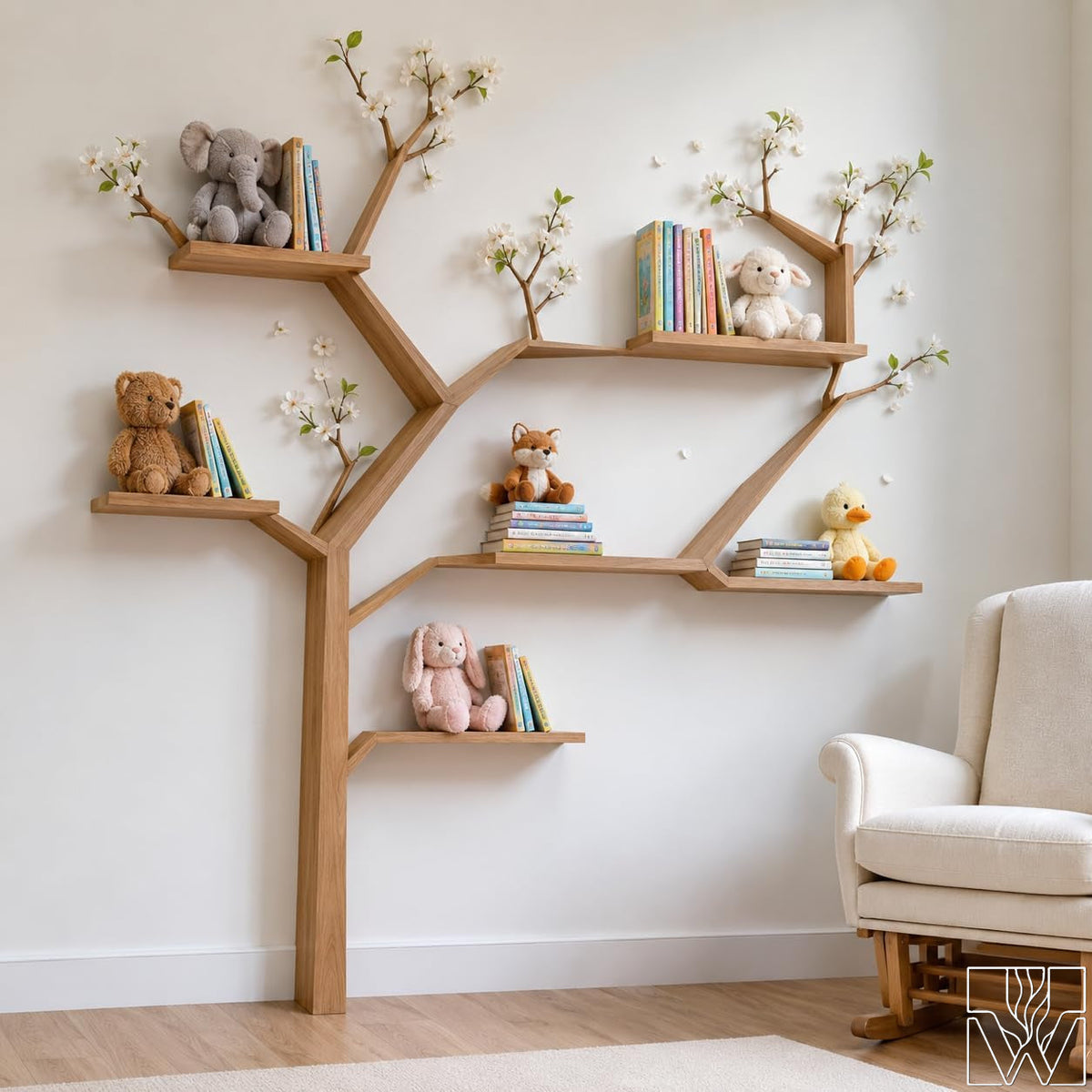 Handcrafted Natural Wood Tree Branch Bookshelf for Nursery