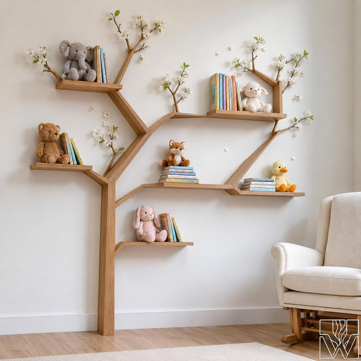 Handcrafted Natural Wood Tree Branch Bookshelf for Nursery