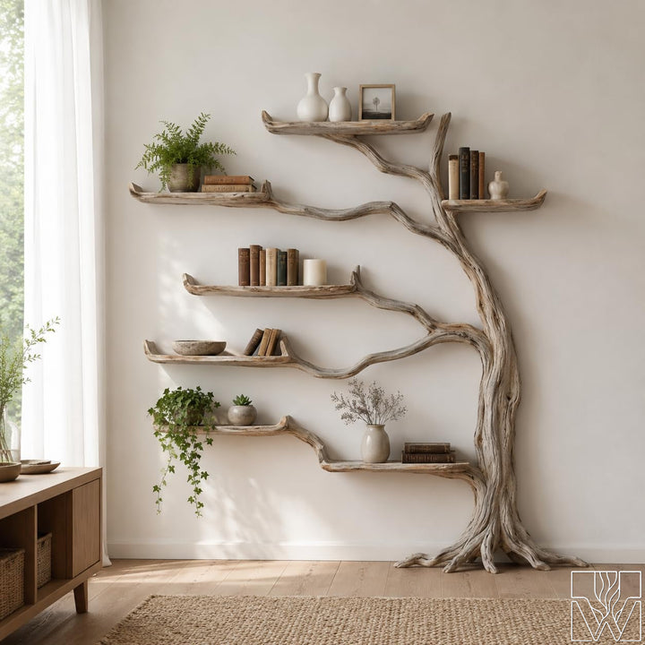 Handcrafted Tree Branch Shelf - Natural Wood Wall Bookcase