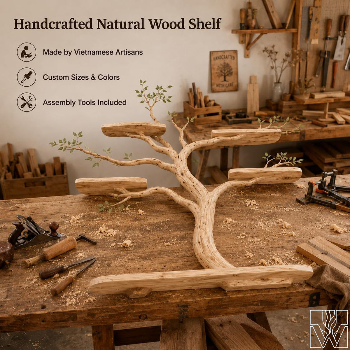 Handcrafted Natural Wood Tree Branch Floating Wall Shelf - Image 5