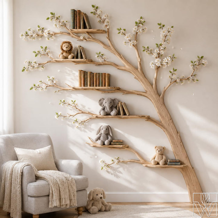 Handcrafted Wood Tree Branch Bookshelf for Nursery Room - Image 1