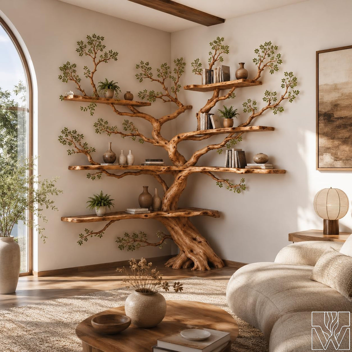 Handcrafted Natural Wood Corner Tree Shelf - The Canyon Root Canopy