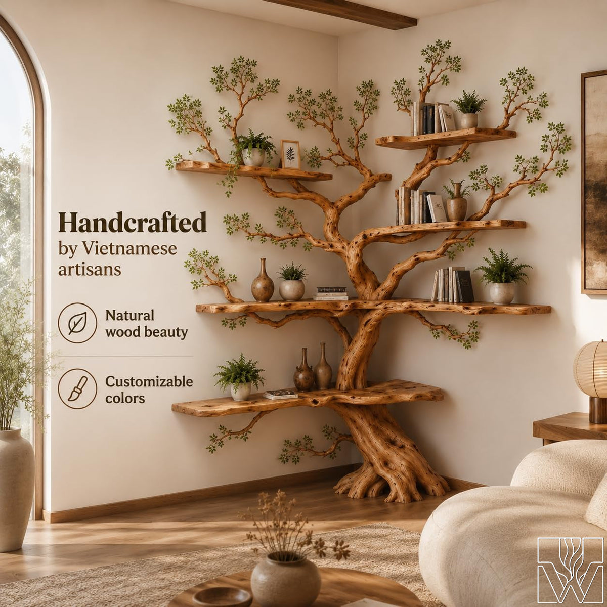 Handcrafted Natural Wood Corner Tree Shelf - The Canyon Root Canopy
