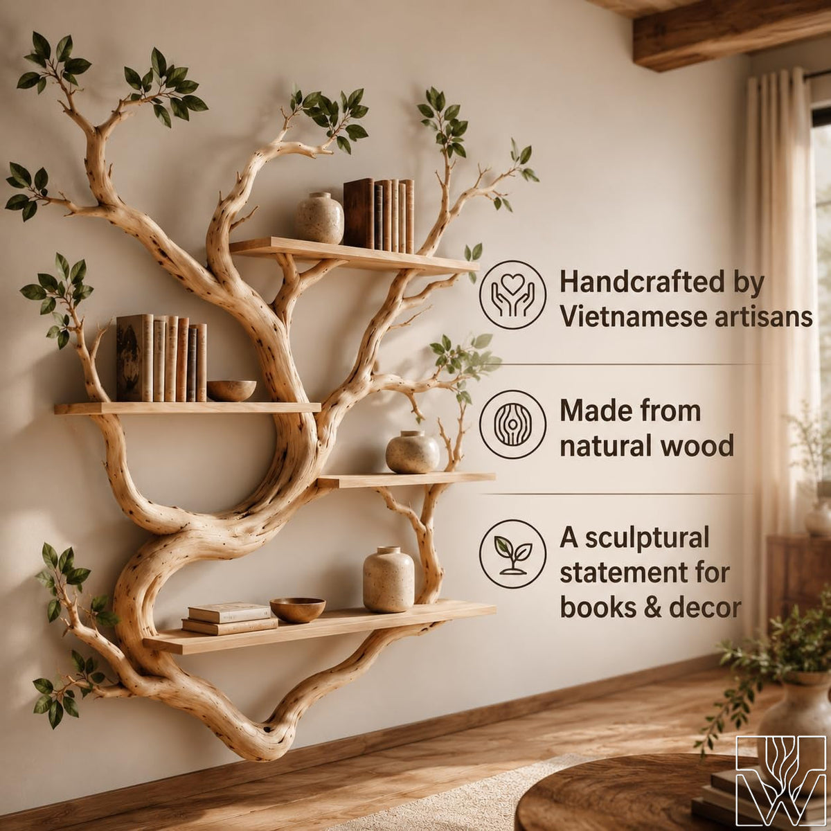 Handcrafted Tree Branch Bookshelf - The Whispering Sequoia