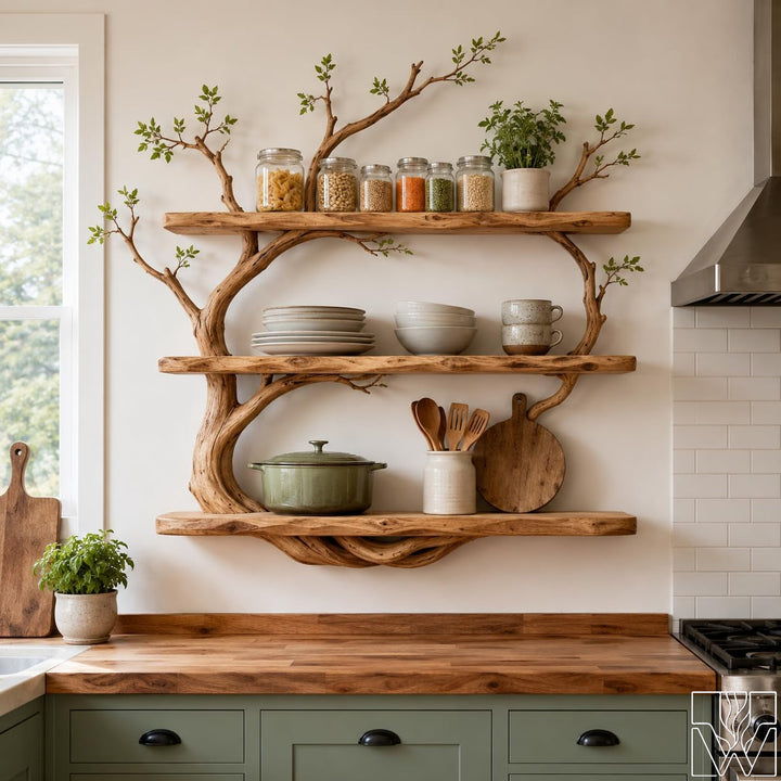 Natural Wood Multi-Layer Tree Branch Floating Shelf