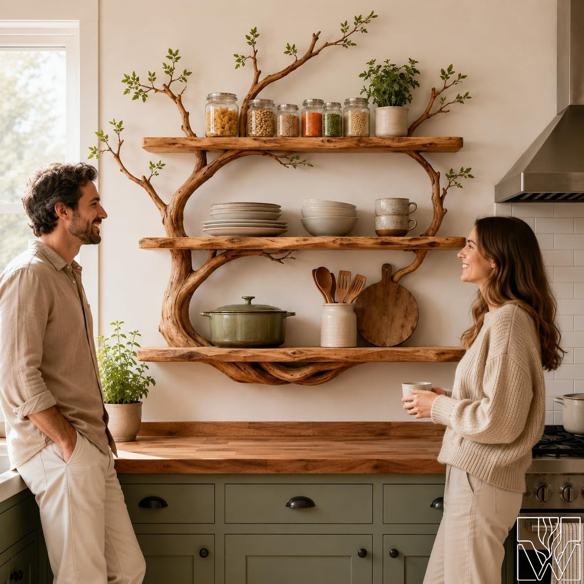 Natural Wood Multi-Layer Tree Branch Floating Shelf