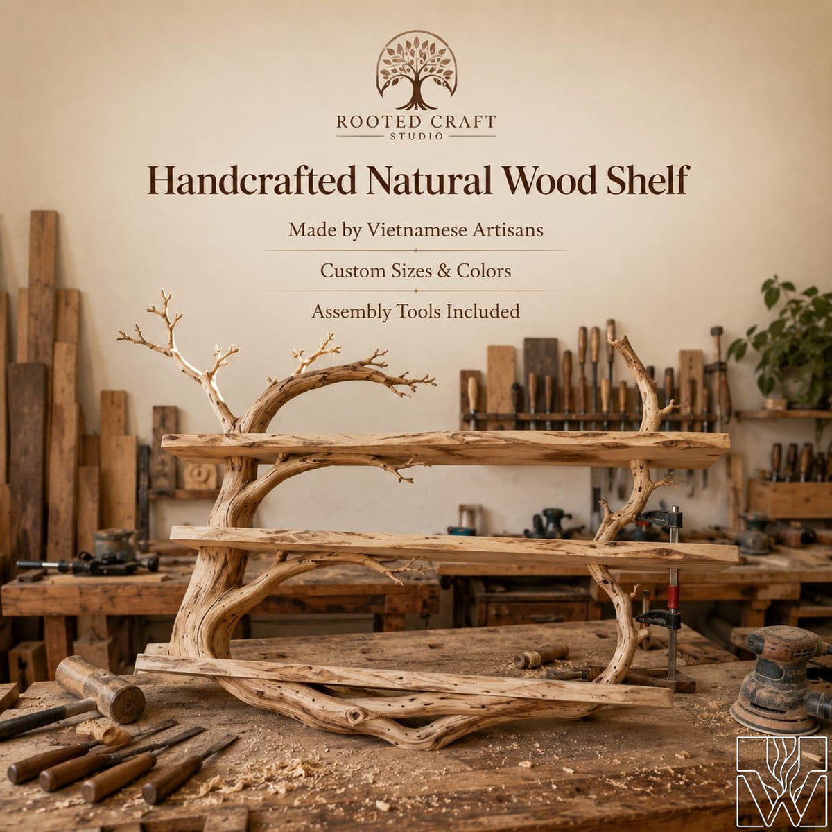 Natural Wood Multi-Layer Tree Branch Floating Shelf