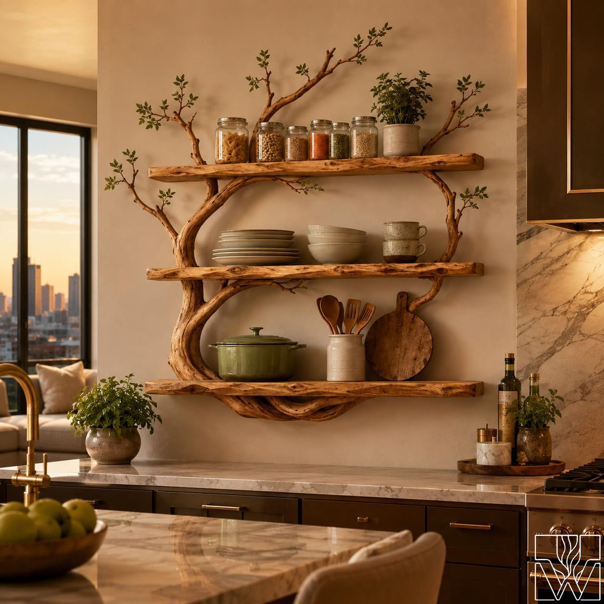 Natural Wood Multi-Layer Tree Branch Floating Shelf