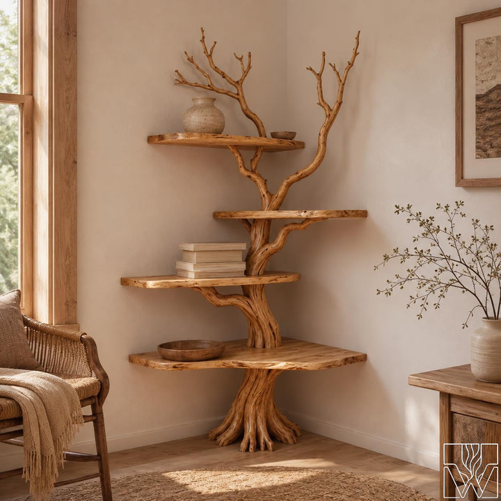 Rustic Solid Wood Tree Branch Corner Wall Bookshelf