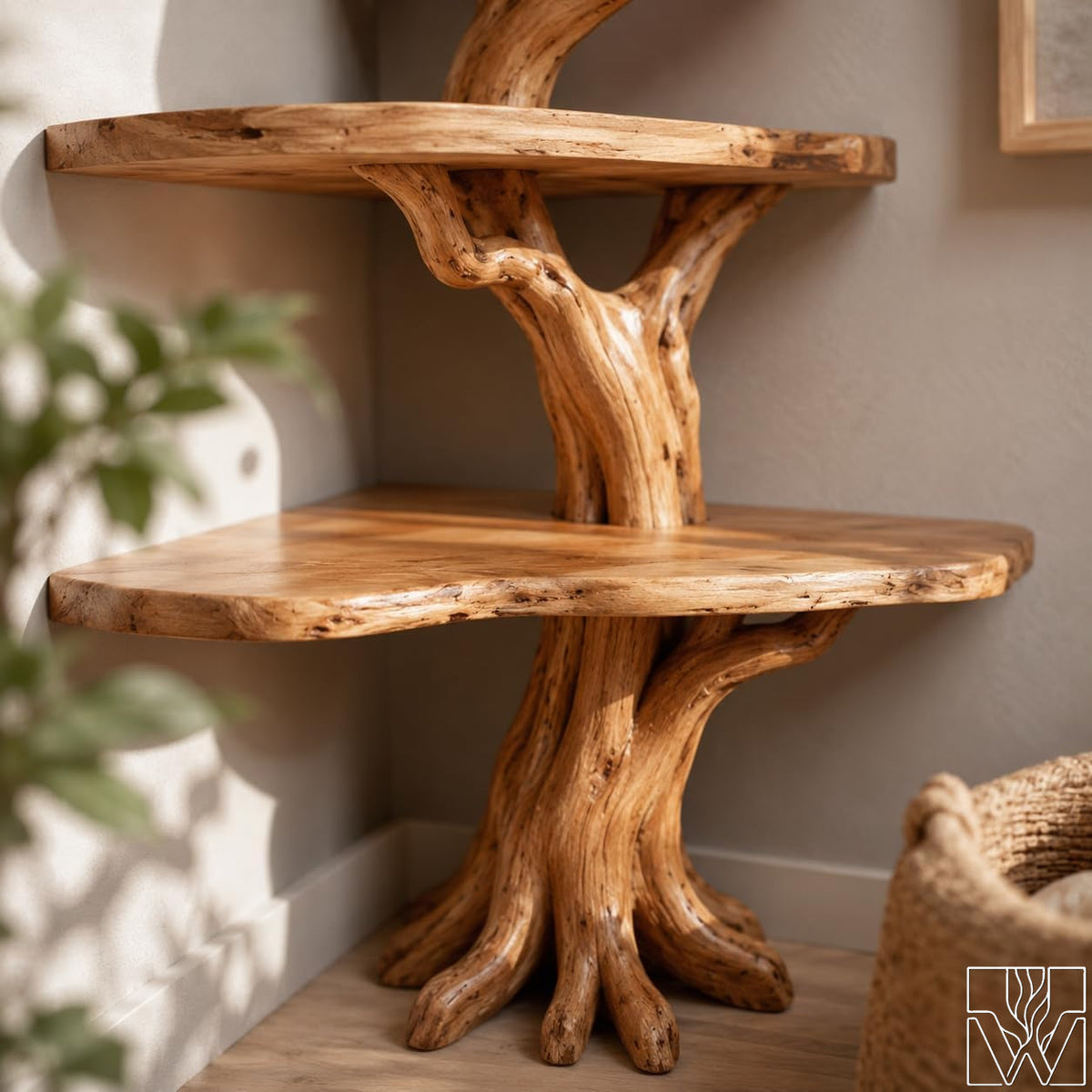 Rustic Solid Wood Tree Branch Corner Wall Bookshelf