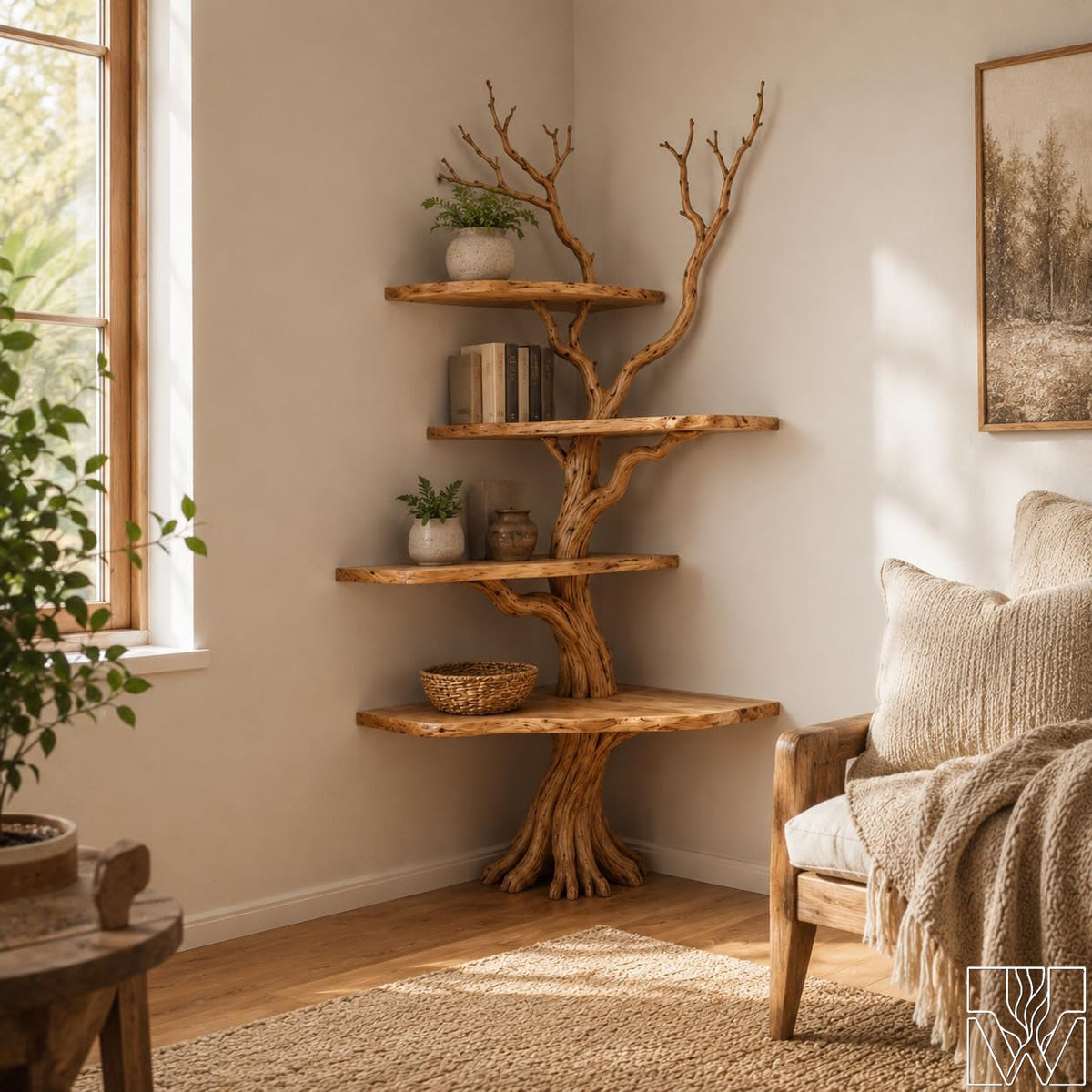 Rustic Solid Wood Tree Branch Corner Wall Bookshelf