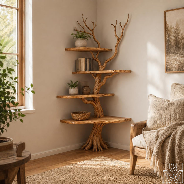 Rustic Solid Wood Tree Branch Corner Wall Bookshelf