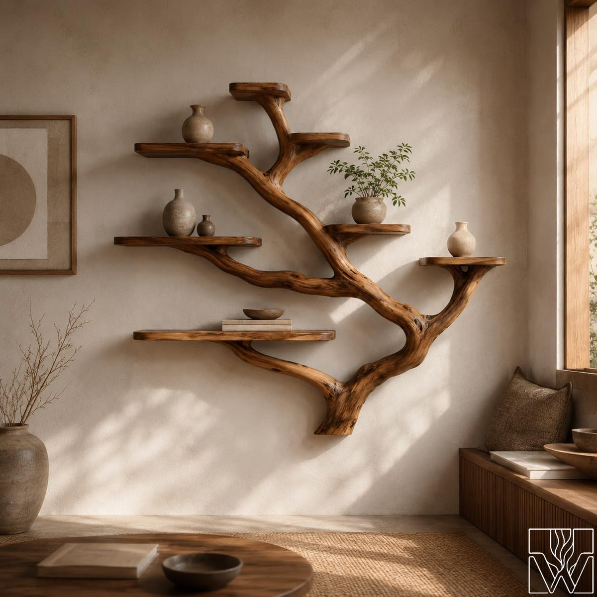 Rustic Solid Wood Tree Branch Wall Mounted Bookshelf