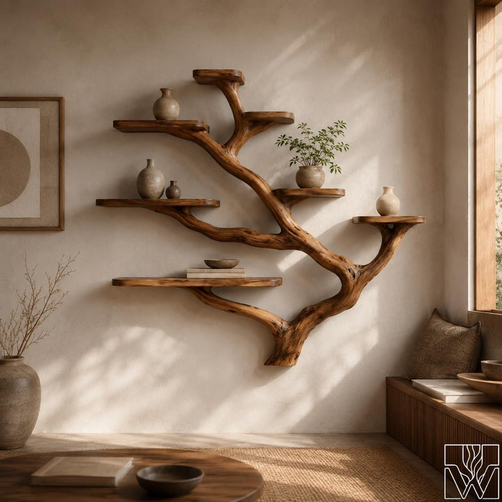 Rustic Solid Wood Tree Branch Wall Mounted Bookshelf