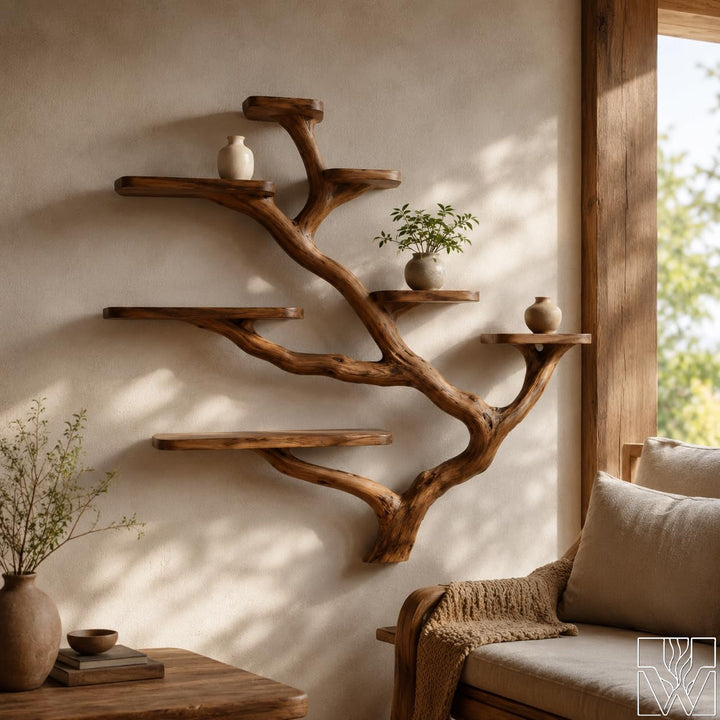 Rustic Solid Wood Tree Branch Wall Mounted Bookshelf