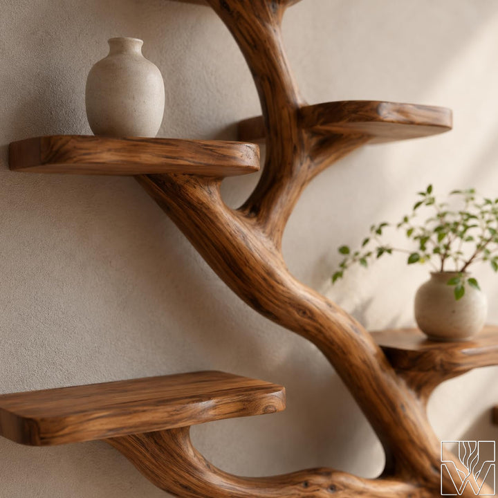 Rustic Solid Wood Tree Branch Wall Mounted Bookshelf