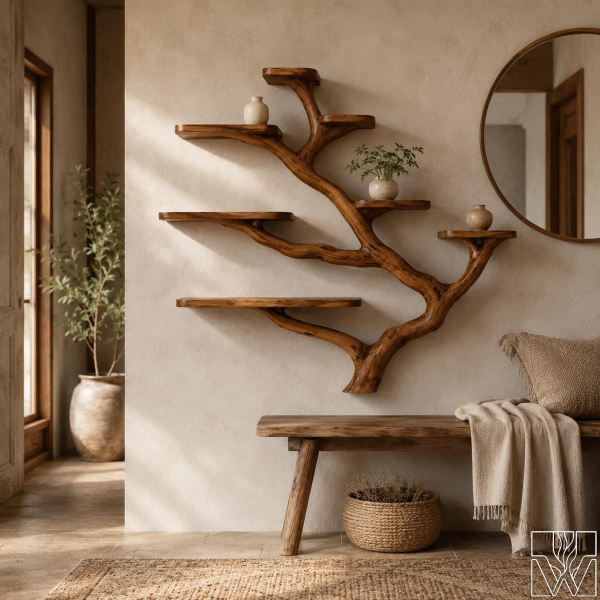 Rustic Solid Wood Tree Branch Wall Mounted Bookshelf