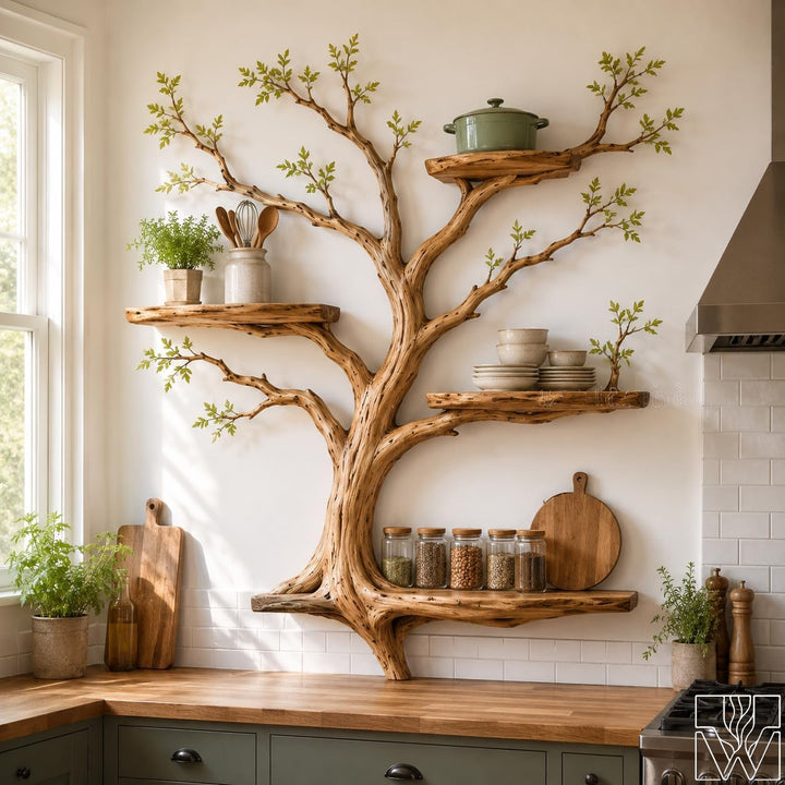Multi-Layer Sculptural Wood Tree Branch Wall Shelf