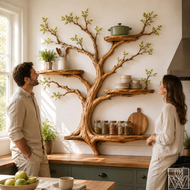 Multi-Layer Sculptural Wood Tree Branch Wall Shelf